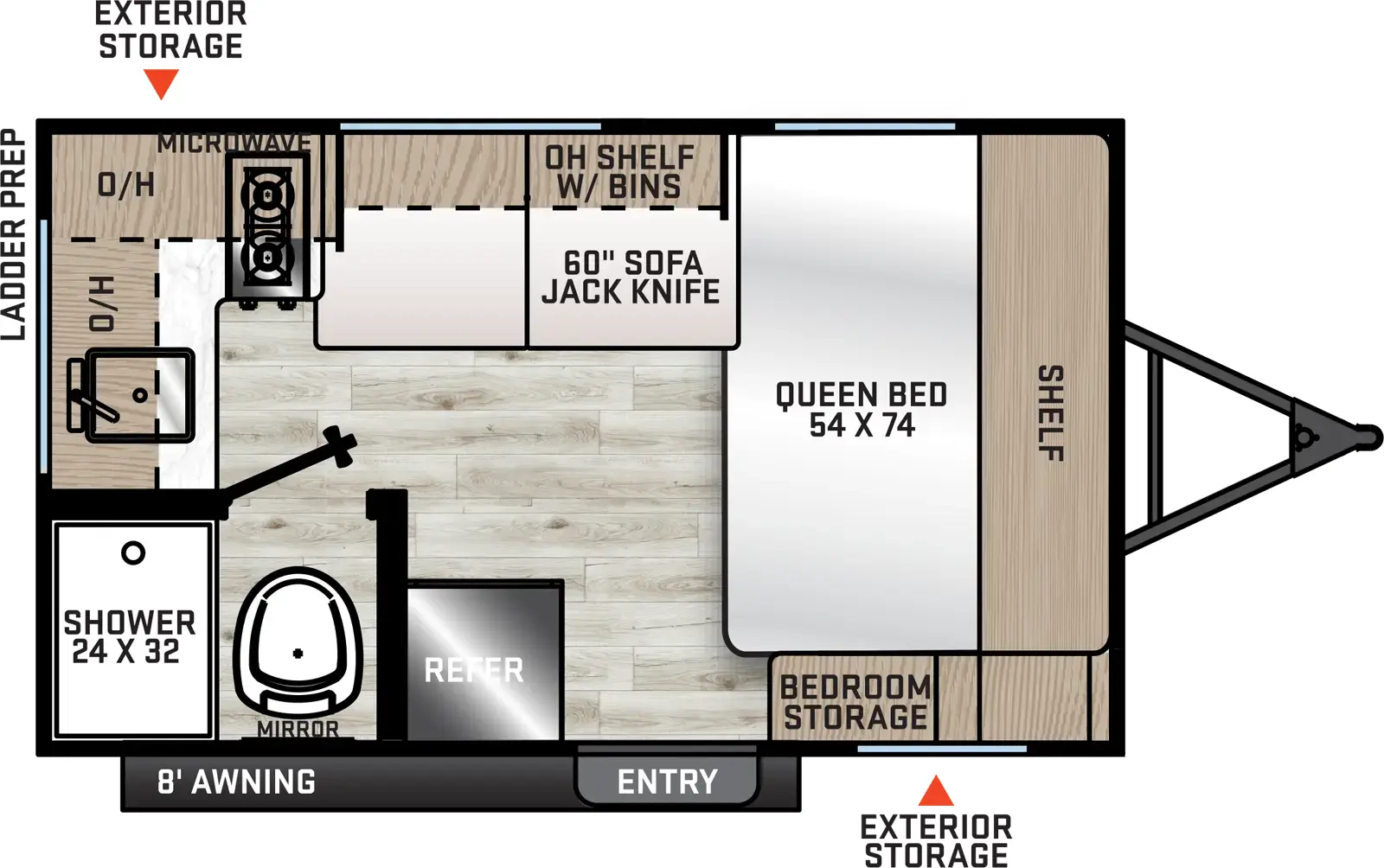 The 134RKX has zero slideouts and one entry. Exterior features exterior storage, ladder prep, and 8 foot awning. Interior layout front to back: side-facing queen bed with shelf above and door side storage; off-door side jackknife sofa with overhead shelf with bins; door side entry and refrigerator; rear door side bathroom with shower and toilet only; off-door side kitchen counter with cooktop and overhead cabinet with microwave that wraps to the rear with sink.